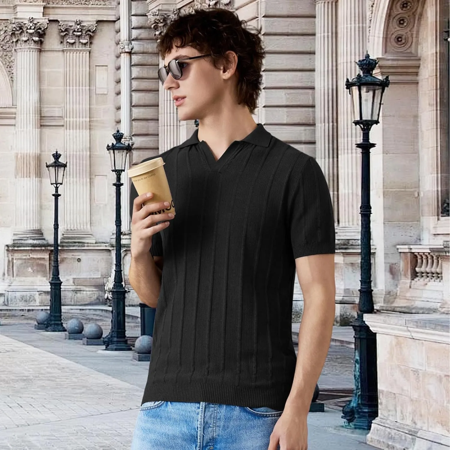 Men's Performance Short Sleeve V Collar Knit Polo Shirt Lightweight Casual Golf Shirts Collared T Shirt