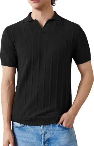 Men's Performance Short Sleeve V Collar Knit Polo Shirt Lightweight Casual Golf Shirts Collared T Shirt