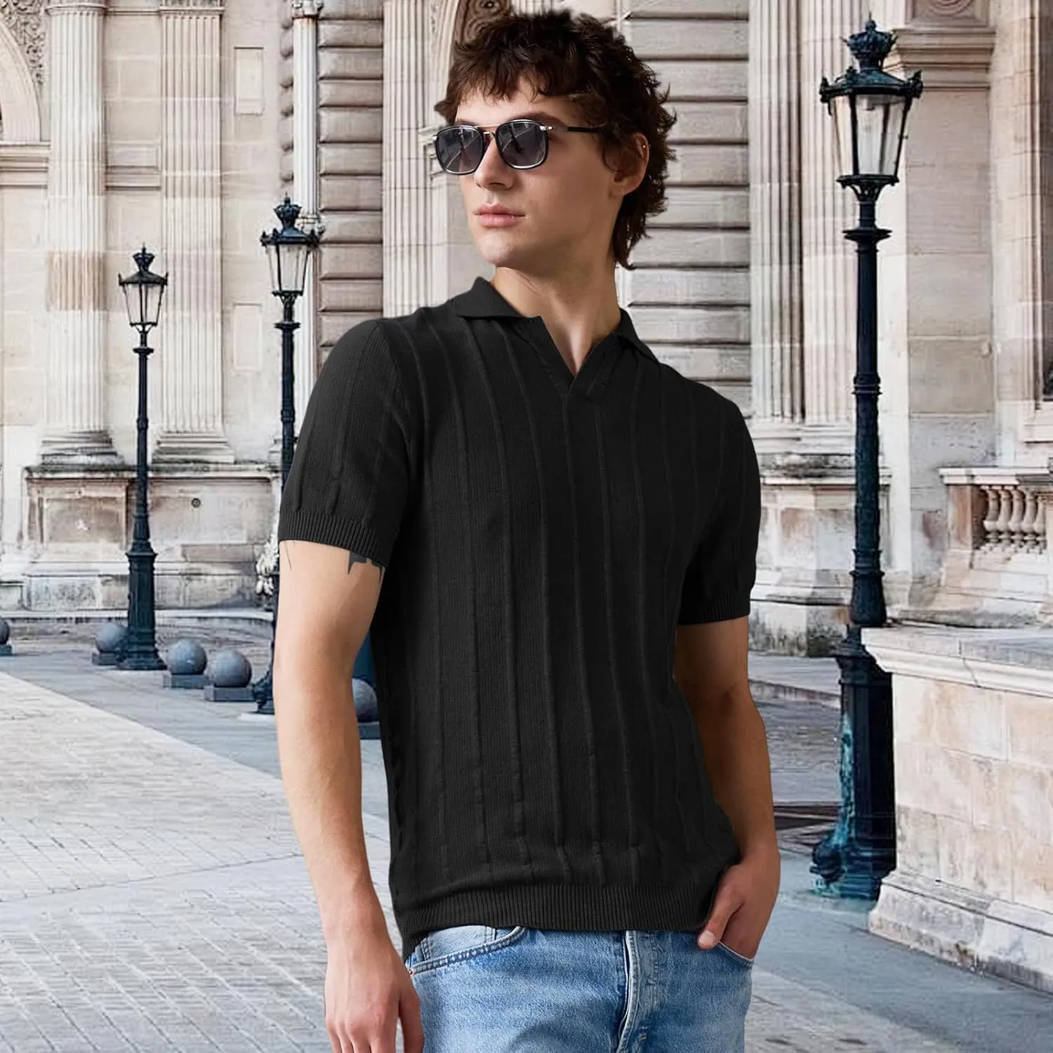 Men's Performance Short Sleeve V Collar Knit Polo Shirt Lightweight Casual Golf Shirts Collared T Shirt