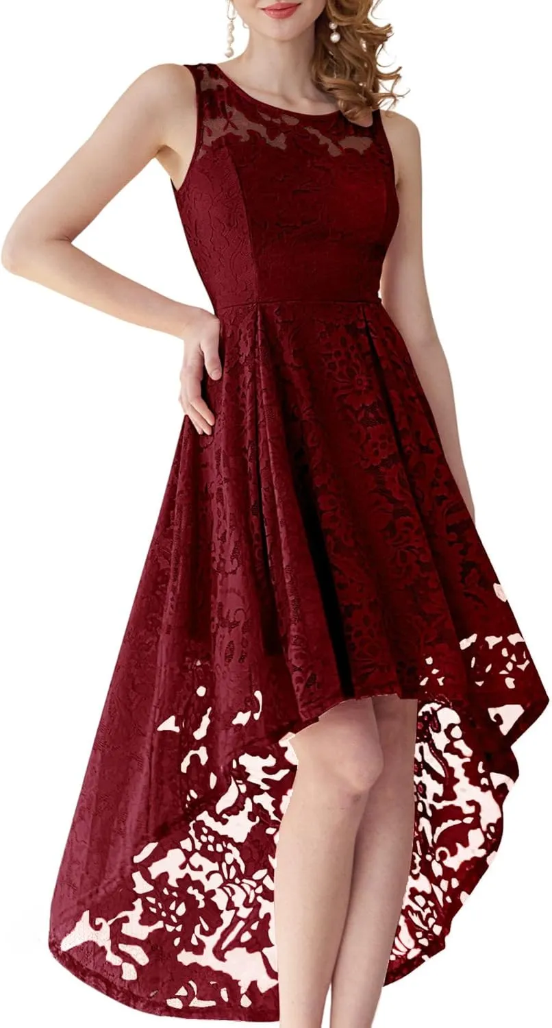 MUADRESS Women's Elegant Floral Lace Dress Sleeveless Crew Neck Hi-Lo Cocktail Dress for Evening Party