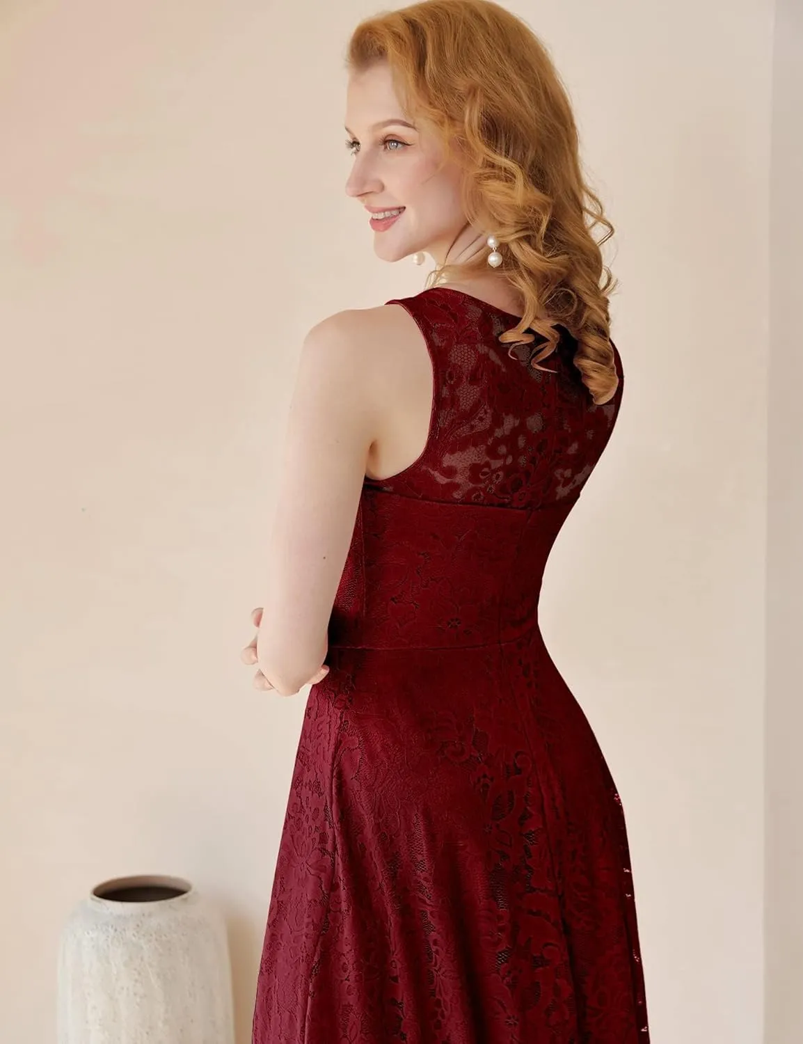 MUADRESS Women's Elegant Floral Lace Dress Sleeveless Crew Neck Hi-Lo Cocktail Dress for Evening Party