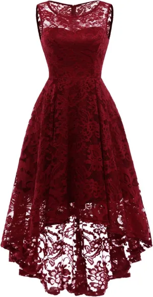 MUADRESS Women's Elegant Floral Lace Dress Sleeveless Crew Neck Hi-Lo Cocktail Dress for Evening Party
