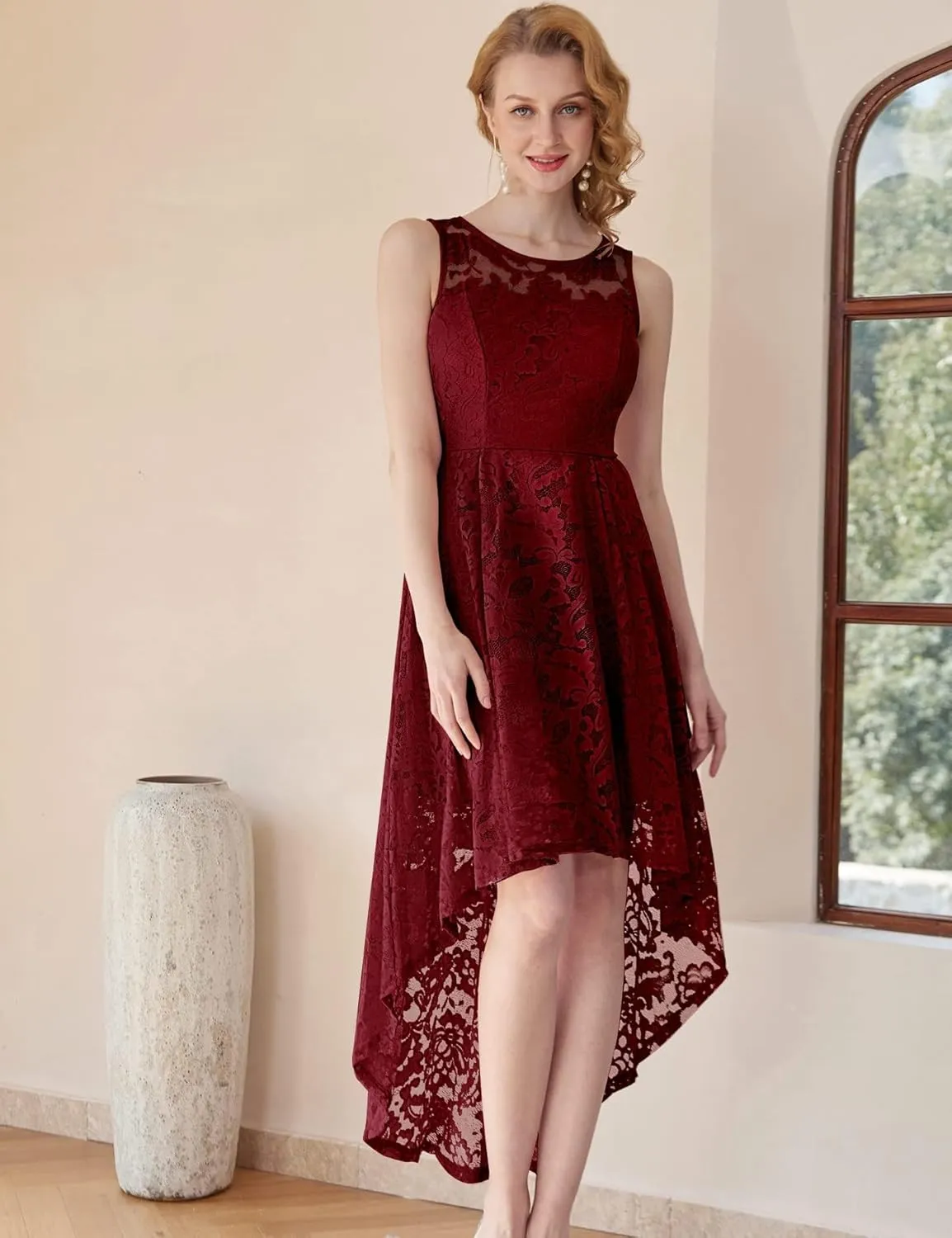 MUADRESS Women's Elegant Floral Lace Dress Sleeveless Crew Neck Hi-Lo Cocktail Dress for Evening Party