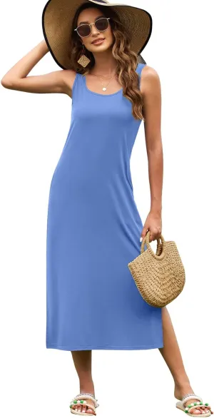 Naggoo Women's Sleevelee Tank Dress Midi Summer Casual Scoop Neck Basic Split Maxi Tshirt Sundresses with Pockets
