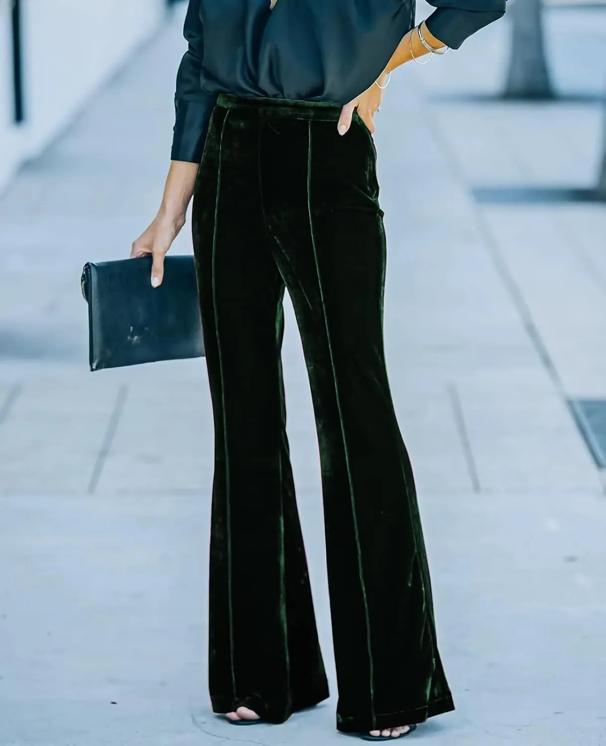 Neyaolk Women Velvet Flare Pants Elastic High Waist Side Zipper Bell Bottom Trousers