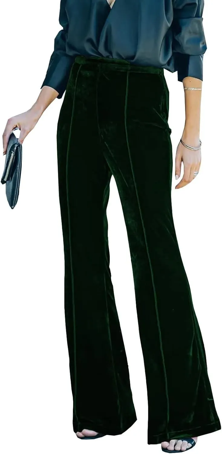 Neyaolk Women Velvet Flare Pants Elastic High Waist Side Zipper Bell Bottom Trousers