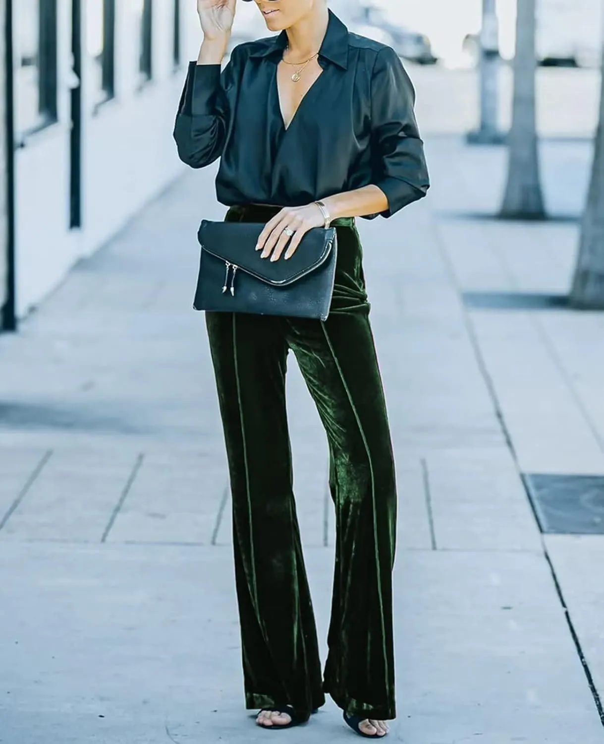 Neyaolk Women Velvet Flare Pants Elastic High Waist Side Zipper Bell Bottom Trousers