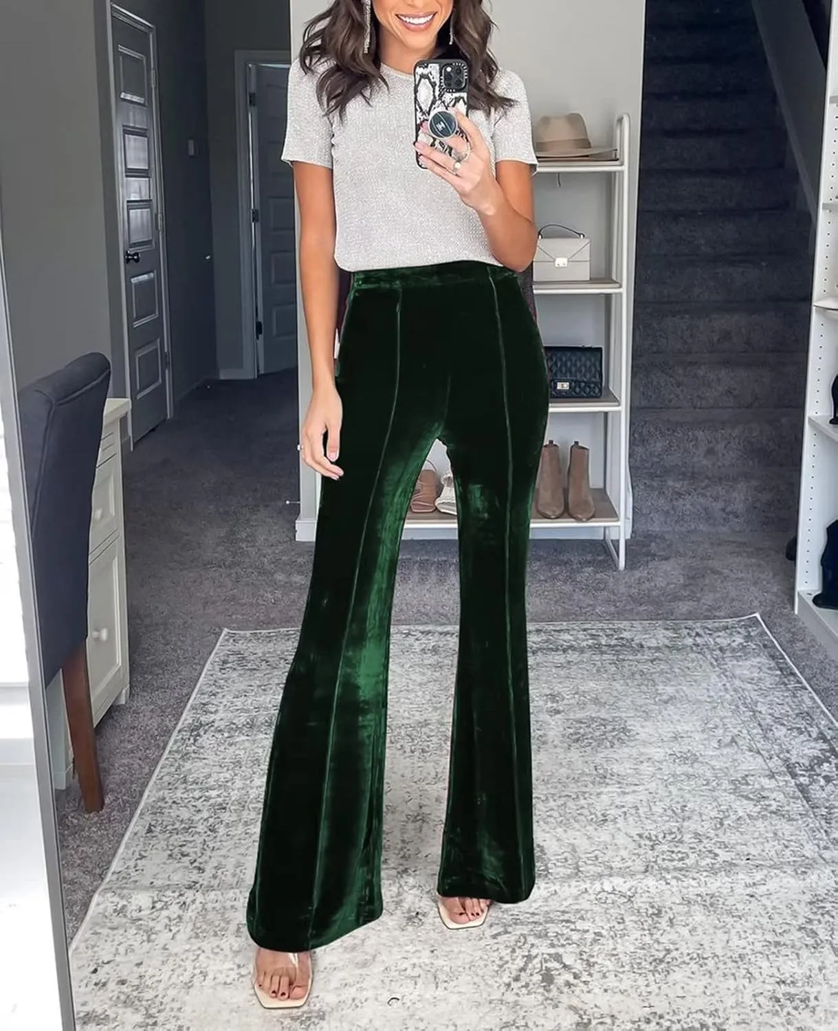 Neyaolk Women Velvet Flare Pants Elastic High Waist Side Zipper Bell Bottom Trousers