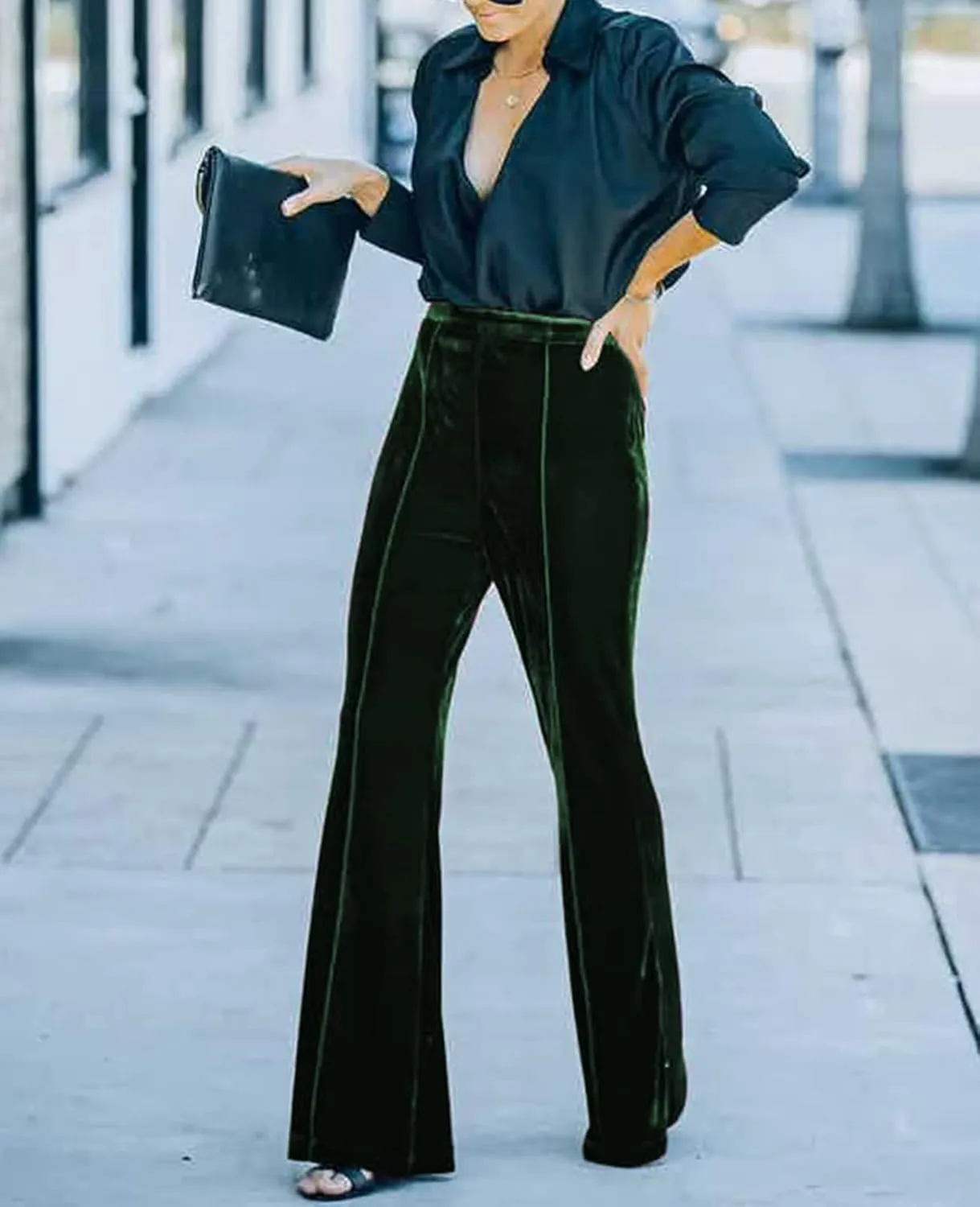 Neyaolk Women Velvet Flare Pants Elastic High Waist Side Zipper Bell Bottom Trousers