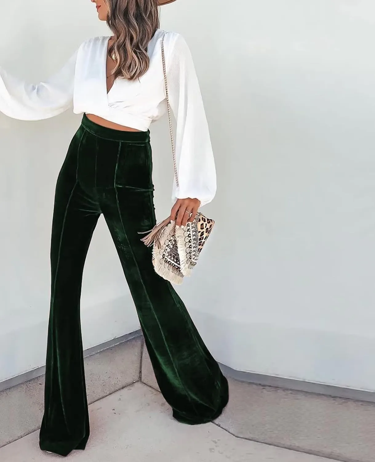 Neyaolk Women Velvet Flare Pants Elastic High Waist Side Zipper Bell Bottom Trousers