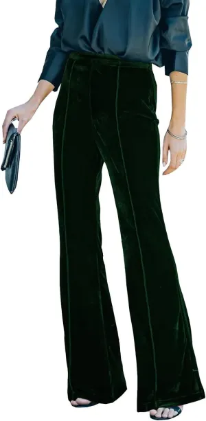 Neyaolk Women Velvet Flare Pants Elastic High Waist Side Zipper Bell Bottom Trousers