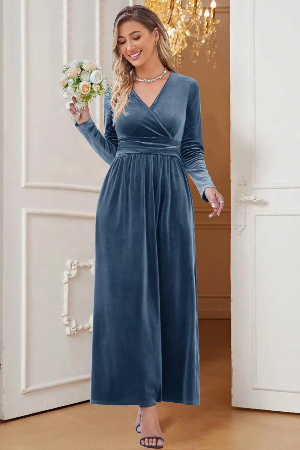 OUGES Women's Long/Short Sleeve V-Neck Wrap Waist Maxi Dress