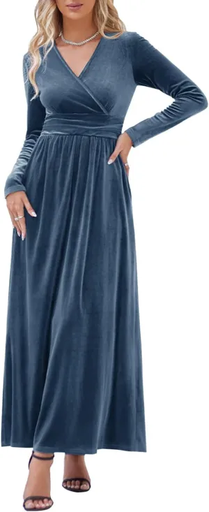 OUGES Women's Long/Short Sleeve V-Neck Wrap Waist Maxi Dress