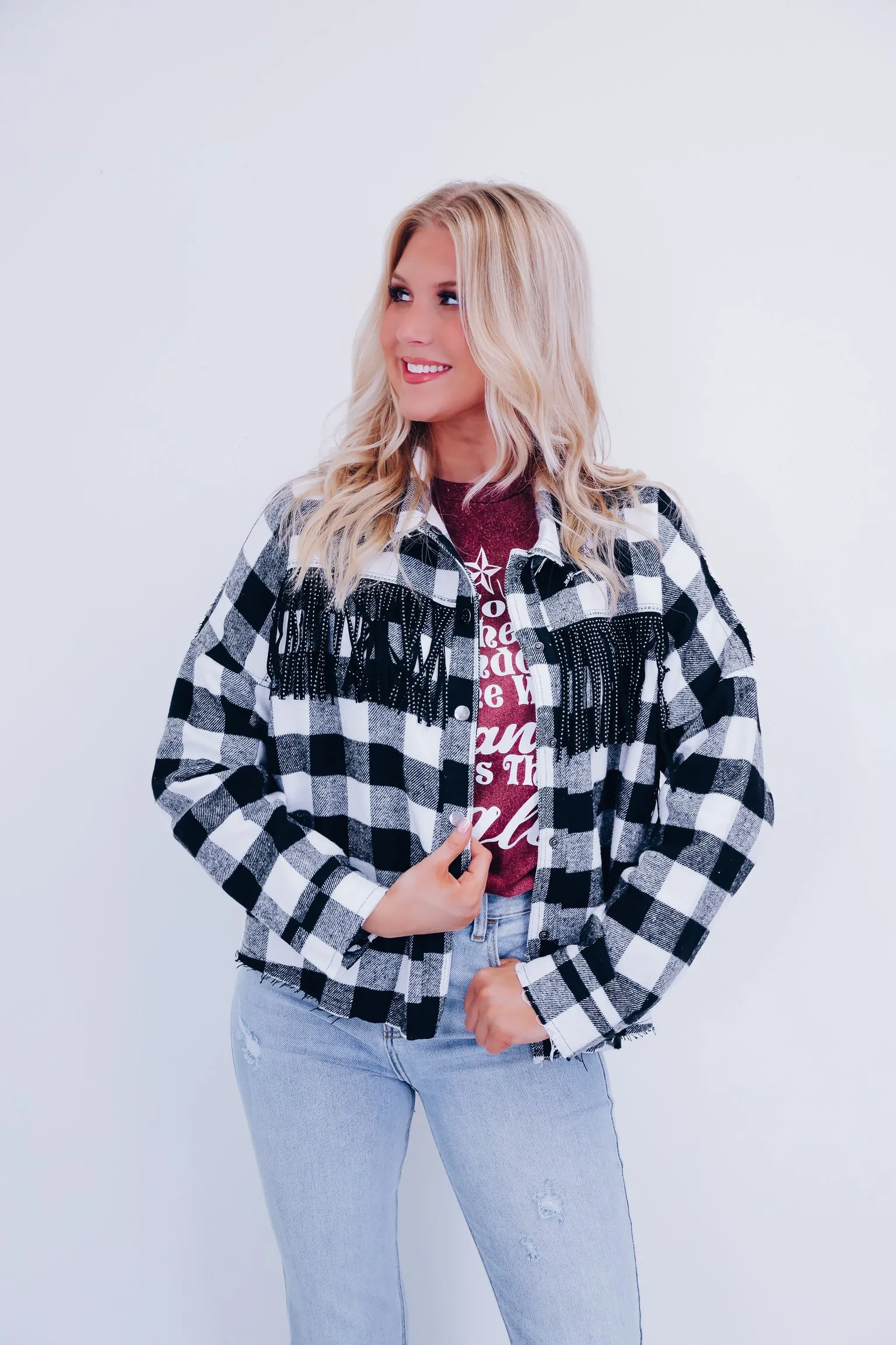 Peoria Plaid Fringe Shacket - Black