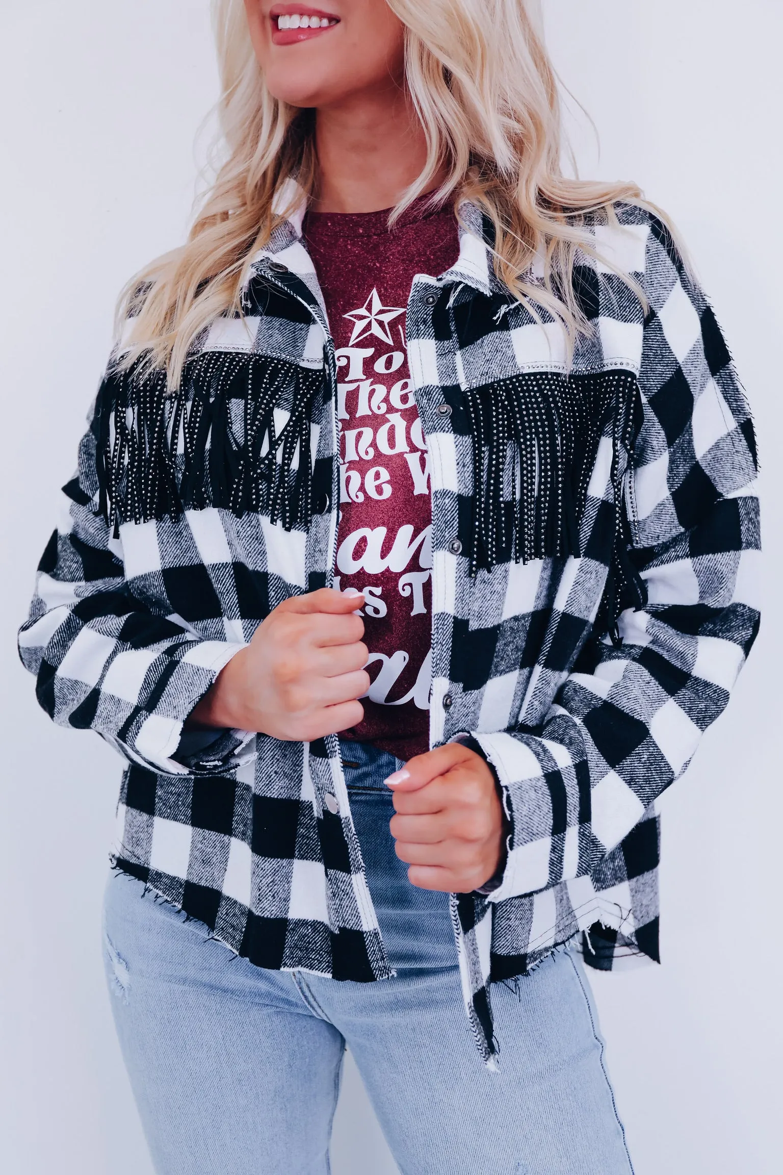 Peoria Plaid Fringe Shacket - Black
