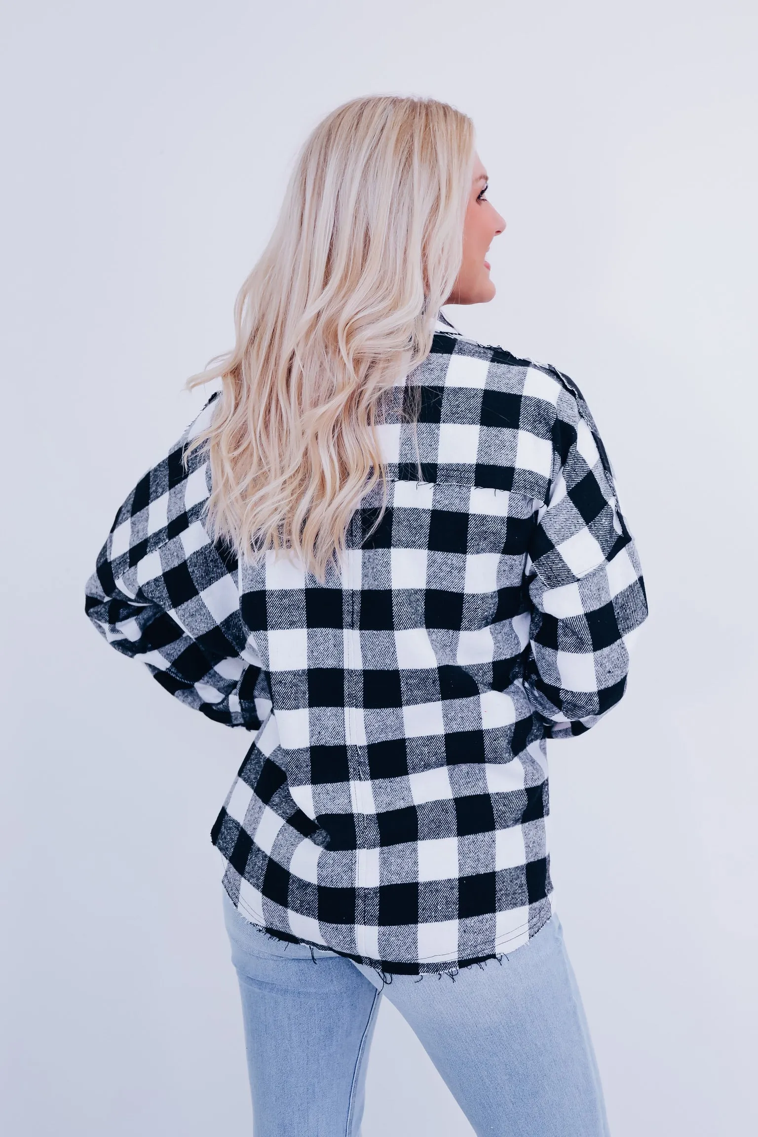 Peoria Plaid Fringe Shacket - Black