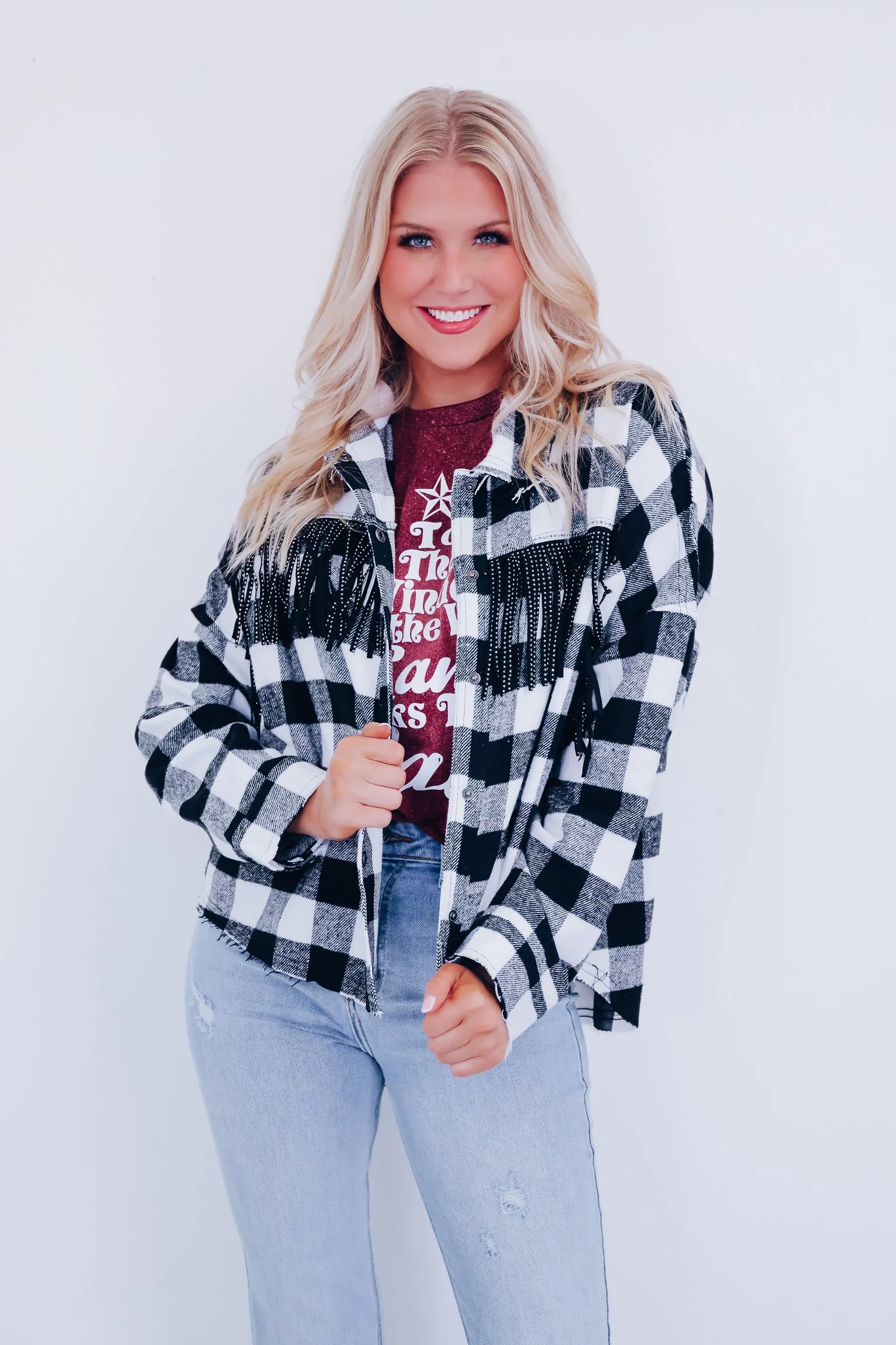 Peoria Plaid Fringe Shacket - Black