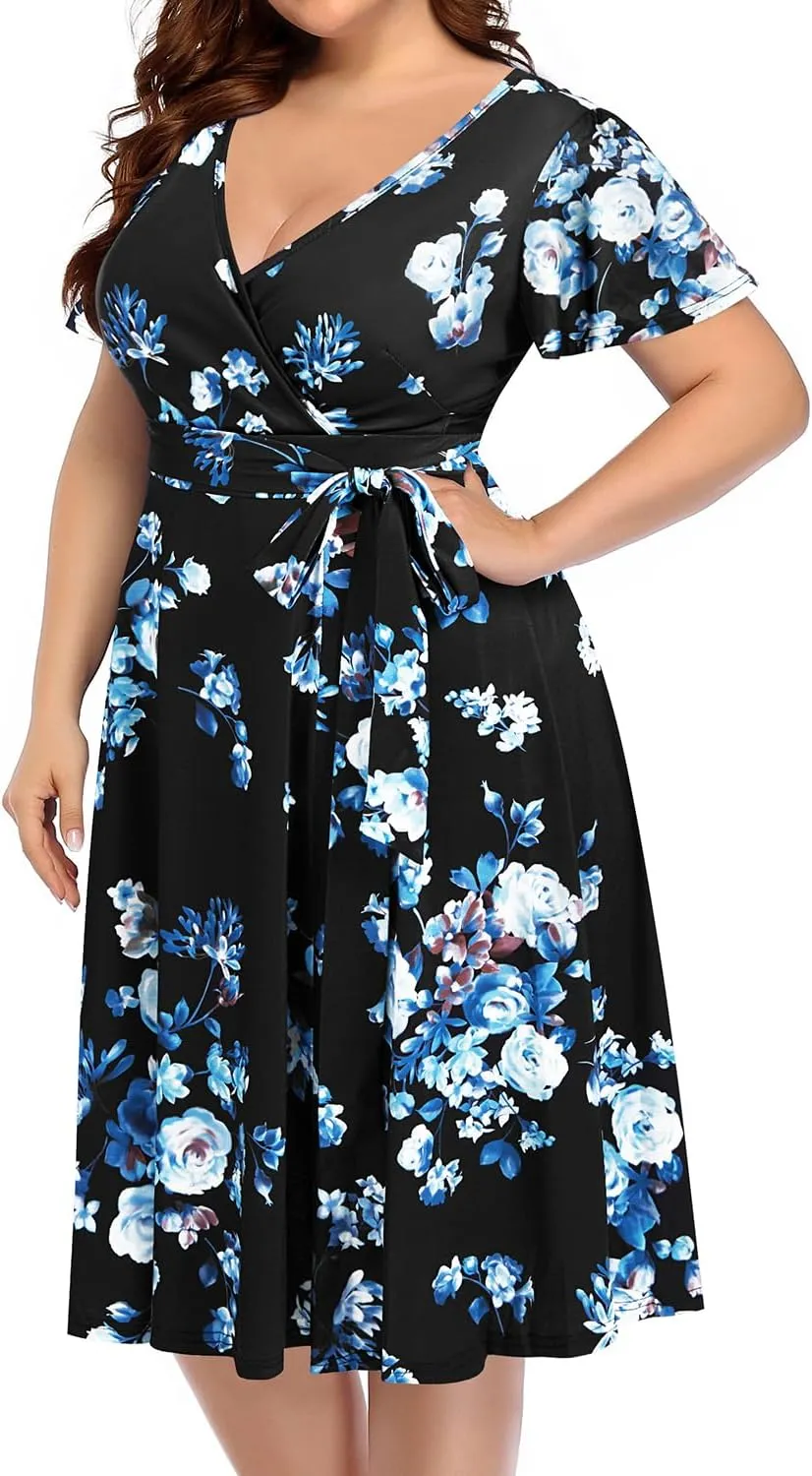 Pinup Fashion Women Plus Size Dresses Wedding Guest - Semi Formal Cocktail Wrap Empire Waist Midi Dress
