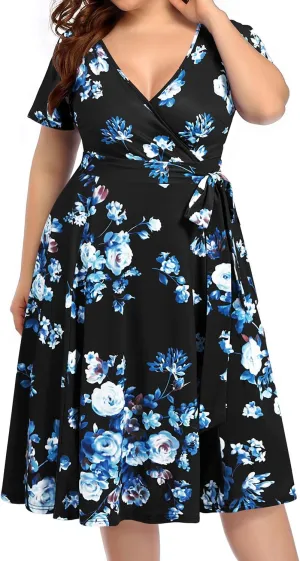 Pinup Fashion Women Plus Size Dresses Wedding Guest - Semi Formal Cocktail Wrap Empire Waist Midi Dress
