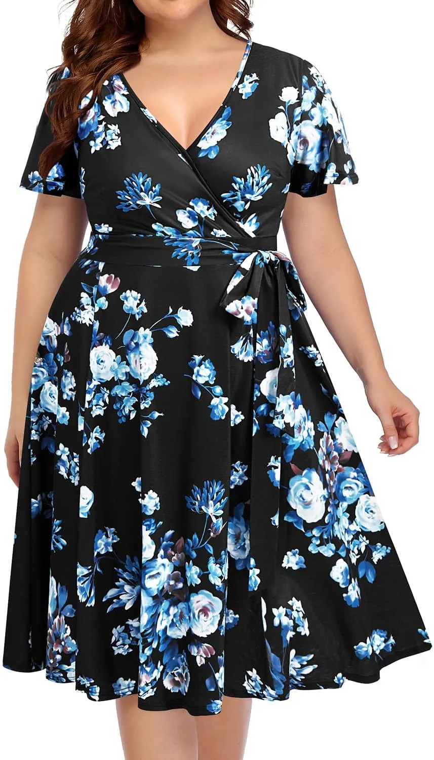 Pinup Fashion Women Plus Size Dresses Wedding Guest - Semi Formal Cocktail Wrap Empire Waist Midi Dress