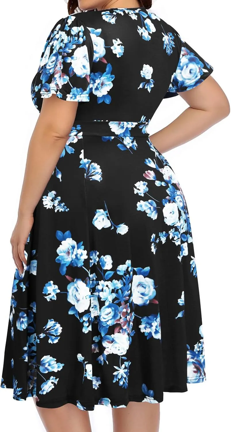 Pinup Fashion Women Plus Size Dresses Wedding Guest - Semi Formal Cocktail Wrap Empire Waist Midi Dress