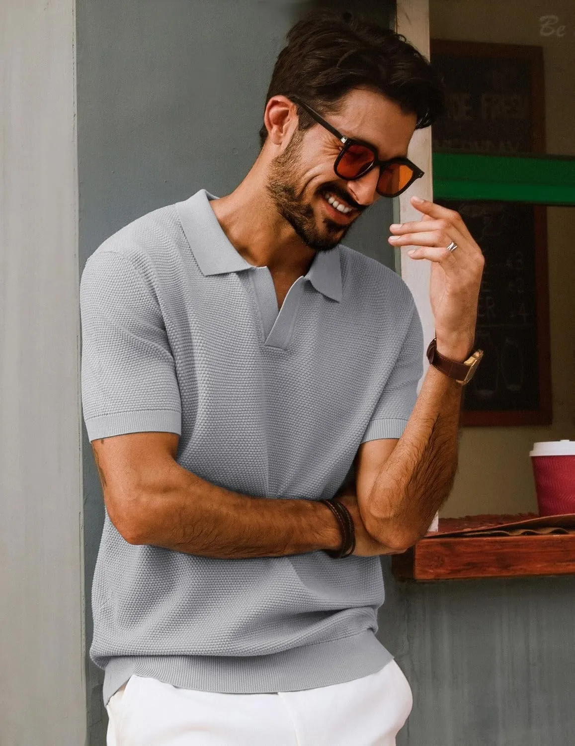 PJ PAUL JONES Mens Polo Shirts Short Sleeve V Neck Knit Textured Polo Knitted Golf Shirt