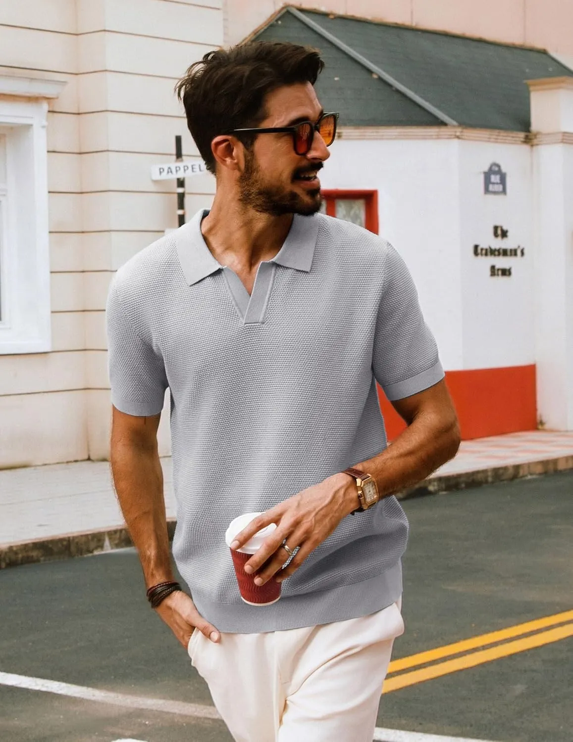 PJ PAUL JONES Mens Polo Shirts Short Sleeve V Neck Knit Textured Polo Knitted Golf Shirt