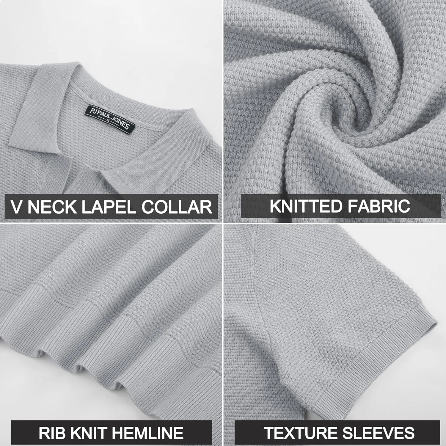 PJ PAUL JONES Mens Polo Shirts Short Sleeve V Neck Knit Textured Polo Knitted Golf Shirt