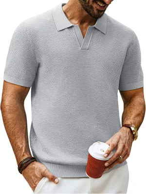 PJ PAUL JONES Mens Polo Shirts Short Sleeve V Neck Knit Textured Polo Knitted Golf Shirt