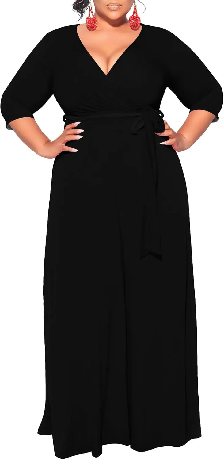 Plus Size Dresses for Curvy Women Summer Casual 3/4 Sleeve V Neck High Waist with Belt Sexy Wrap Cocktail Party Maxi Dress