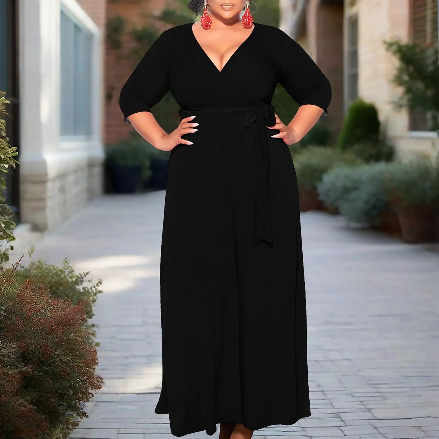 Plus Size Dresses for Curvy Women Summer Casual 3/4 Sleeve V Neck High Waist with Belt Sexy Wrap Cocktail Party Maxi Dress
