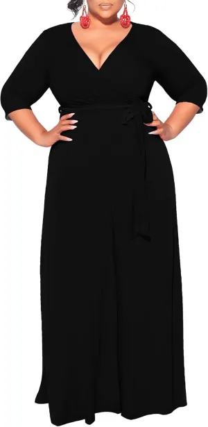Plus Size Dresses for Curvy Women Summer Casual 3/4 Sleeve V Neck High Waist with Belt Sexy Wrap Cocktail Party Maxi Dress