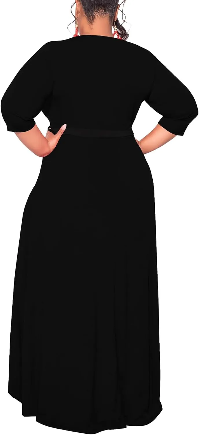 Plus Size Dresses for Curvy Women Summer Casual 3/4 Sleeve V Neck High Waist with Belt Sexy Wrap Cocktail Party Maxi Dress