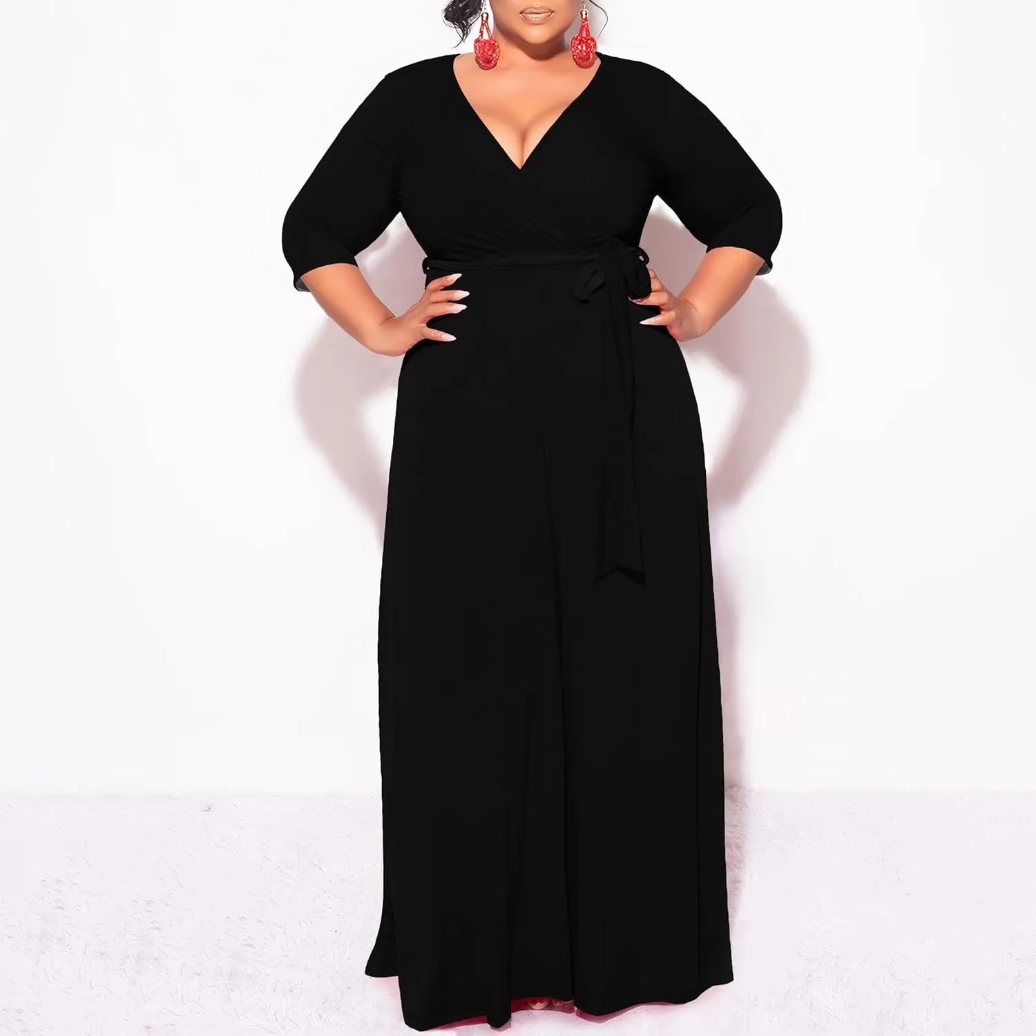 Plus Size Dresses for Curvy Women Summer Casual 3/4 Sleeve V Neck High Waist with Belt Sexy Wrap Cocktail Party Maxi Dress