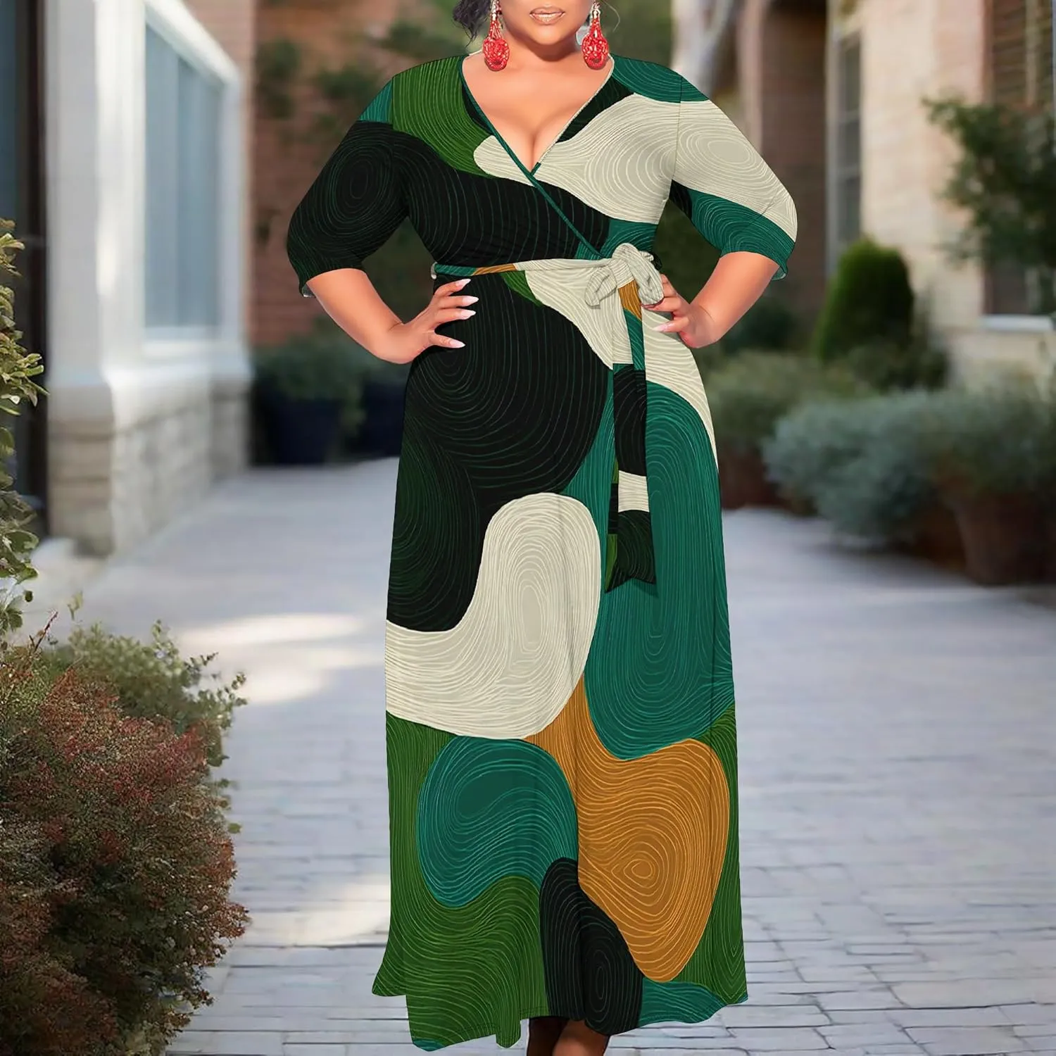 Plus Size Dresses for Curvy Women Summer Casual 3/4 Sleeve V Neck High Waist with Belt Sexy Wrap Cocktail Party Maxi Dress