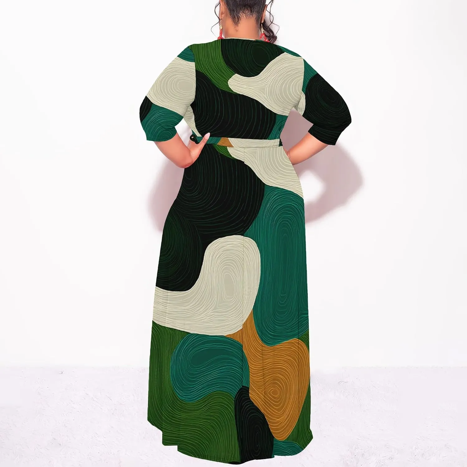 Plus Size Dresses for Curvy Women Summer Casual 3/4 Sleeve V Neck High Waist with Belt Sexy Wrap Cocktail Party Maxi Dress