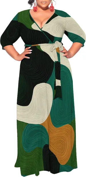 Plus Size Dresses for Curvy Women Summer Casual 3/4 Sleeve V Neck High Waist with Belt Sexy Wrap Cocktail Party Maxi Dress