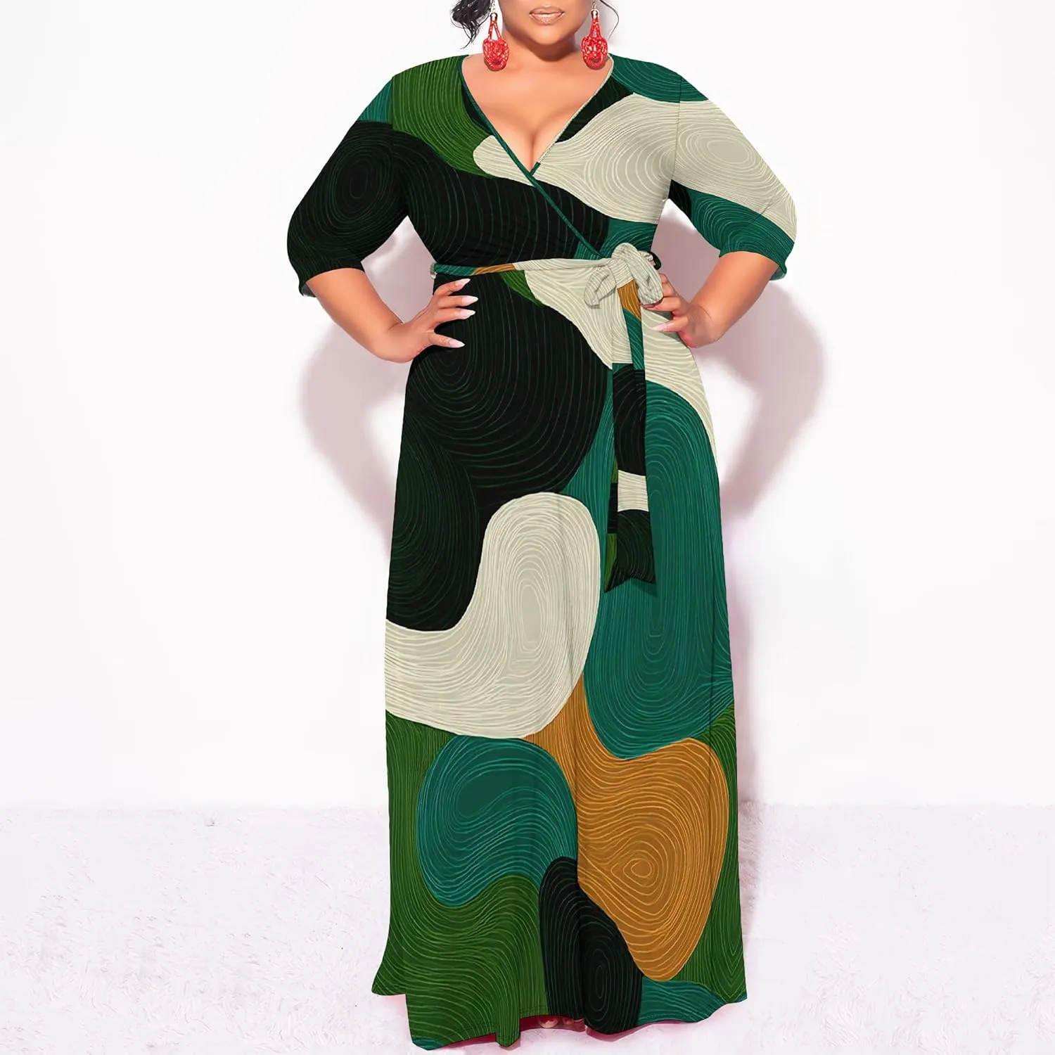 Plus Size Dresses for Curvy Women Summer Casual 3/4 Sleeve V Neck High Waist with Belt Sexy Wrap Cocktail Party Maxi Dress