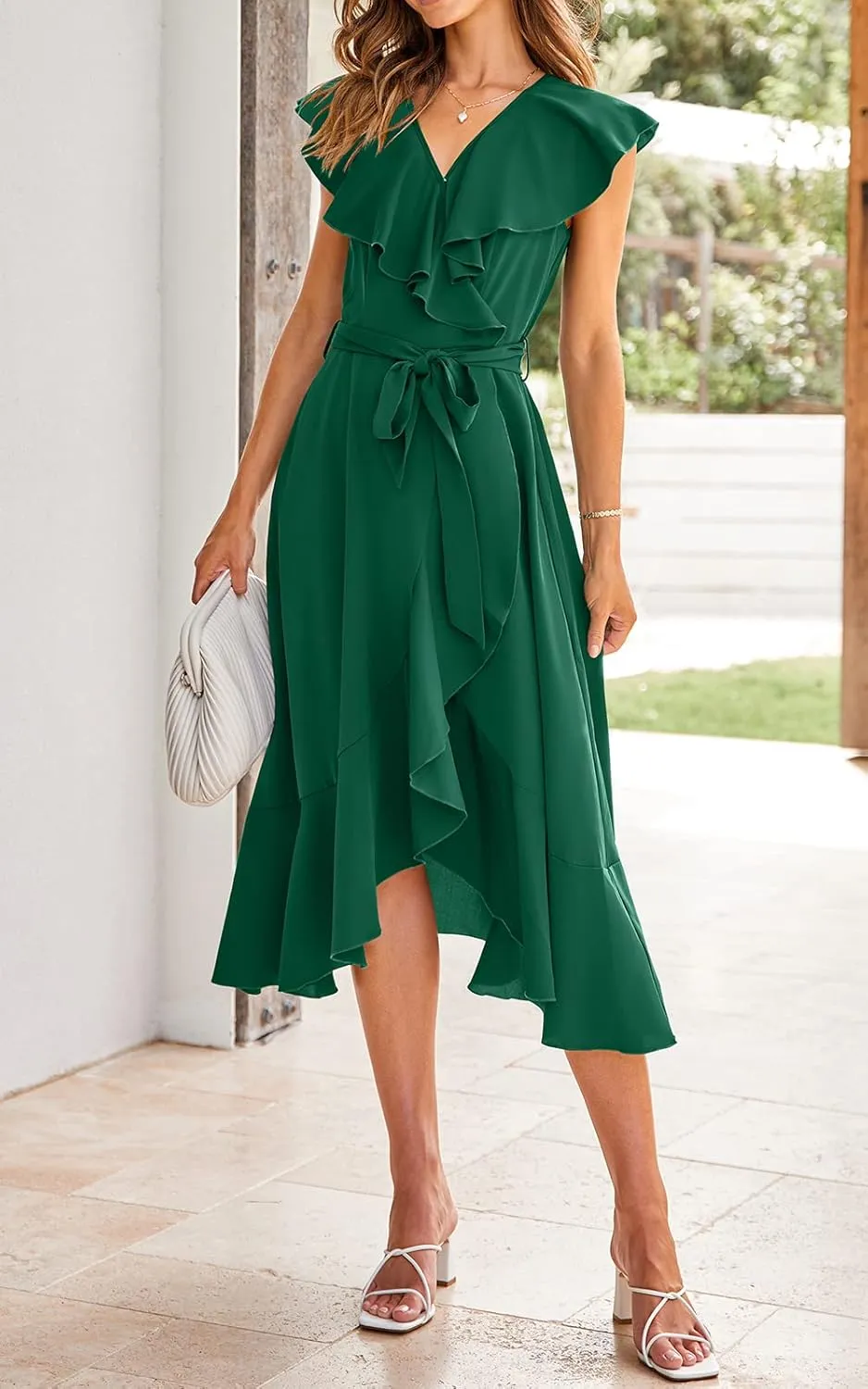 PRETTYGARDEN Women's 2025 Summer Cross Midi Dress Casual Boho Deep V Neck Short Sleeve Ruffle Hem Split Beach Long Dresses
