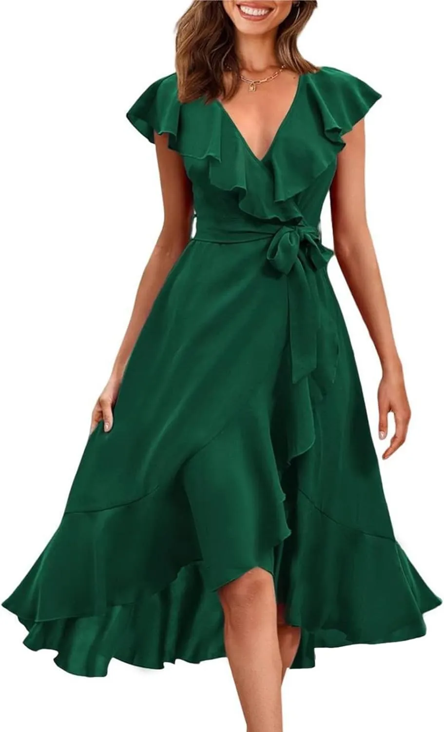 PRETTYGARDEN Women's 2025 Summer Cross Midi Dress Casual Boho Deep V Neck Short Sleeve Ruffle Hem Split Beach Long Dresses
