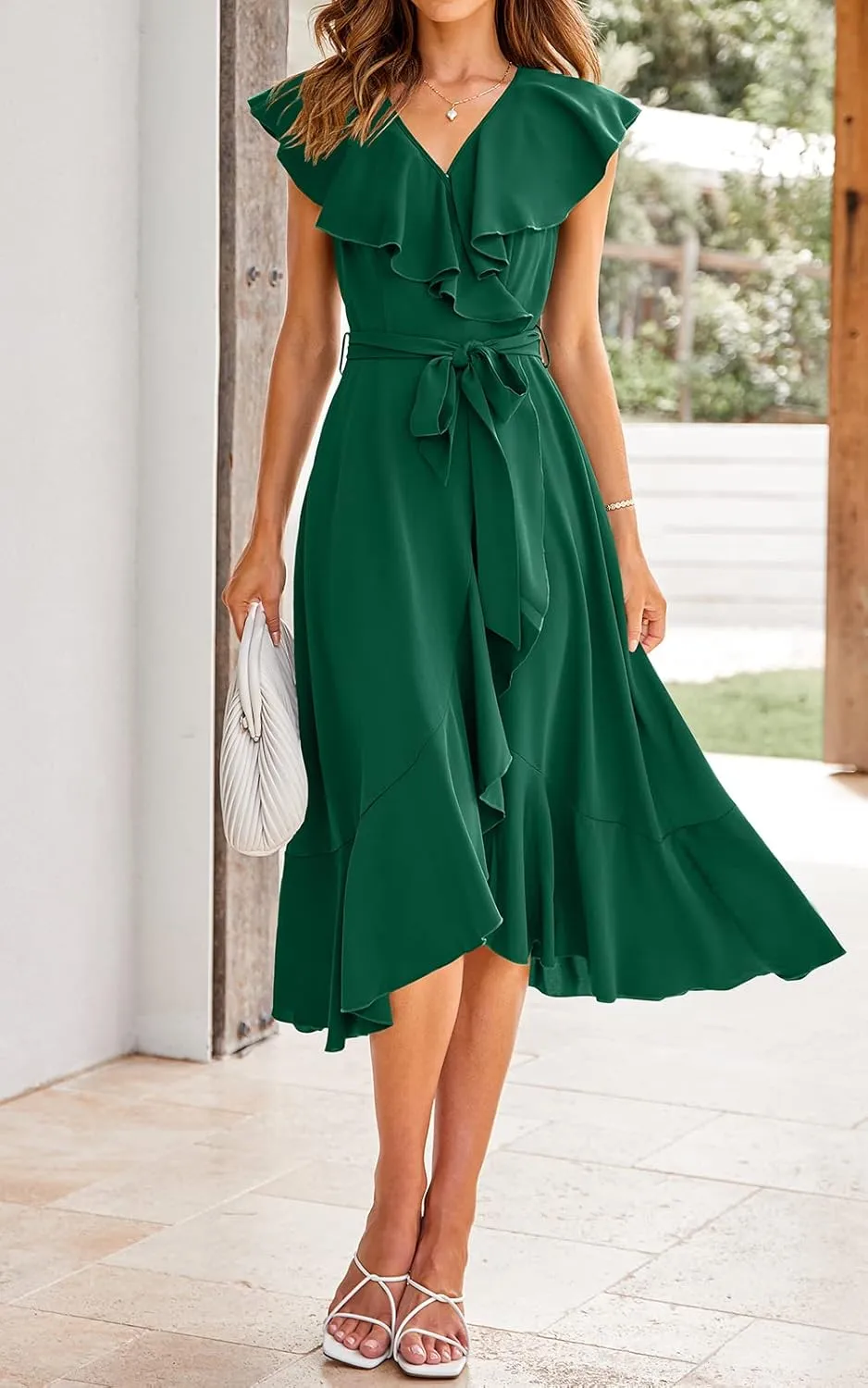 PRETTYGARDEN Women's 2025 Summer Cross Midi Dress Casual Boho Deep V Neck Short Sleeve Ruffle Hem Split Beach Long Dresses