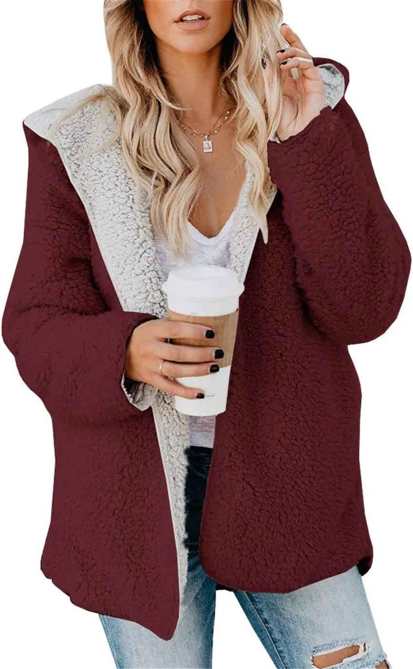 ReachMe Womens Sherpa Jacket Oversized Fleece Jacket Teddy Coats with Pockets Open Front Hooded Fuzzy Cardigan