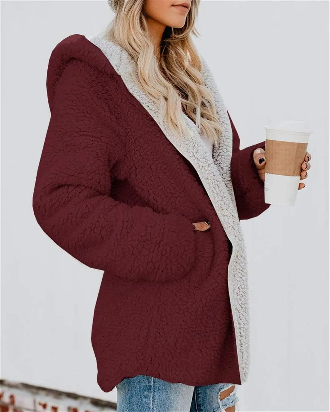 ReachMe Womens Sherpa Jacket Oversized Fleece Jacket Teddy Coats with Pockets Open Front Hooded Fuzzy Cardigan