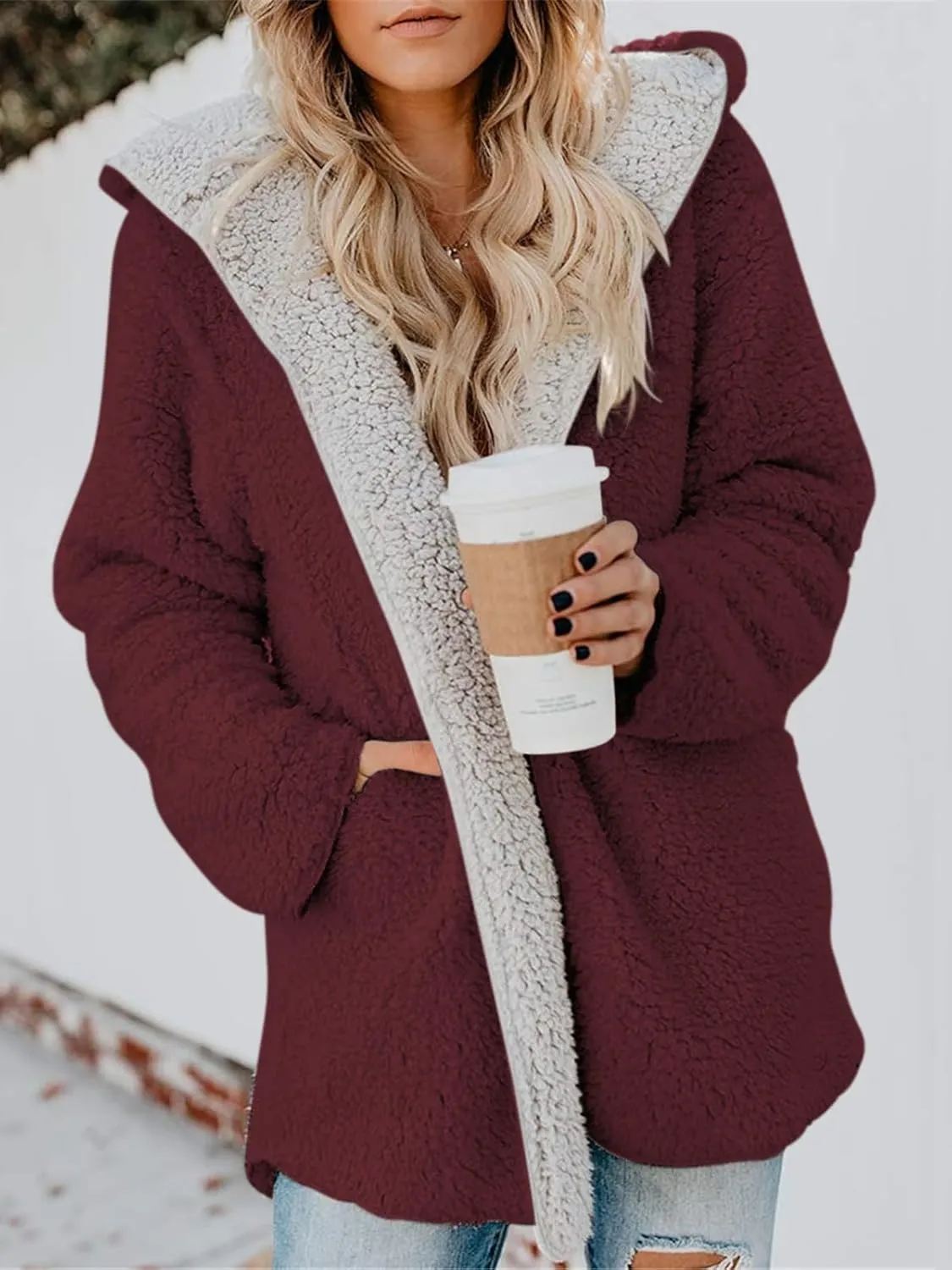 ReachMe Womens Sherpa Jacket Oversized Fleece Jacket Teddy Coats with Pockets Open Front Hooded Fuzzy Cardigan