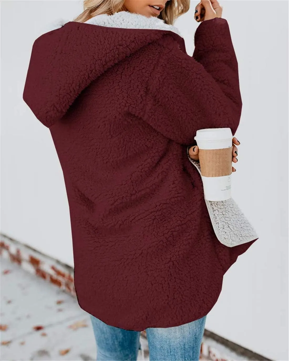 ReachMe Womens Sherpa Jacket Oversized Fleece Jacket Teddy Coats with Pockets Open Front Hooded Fuzzy Cardigan