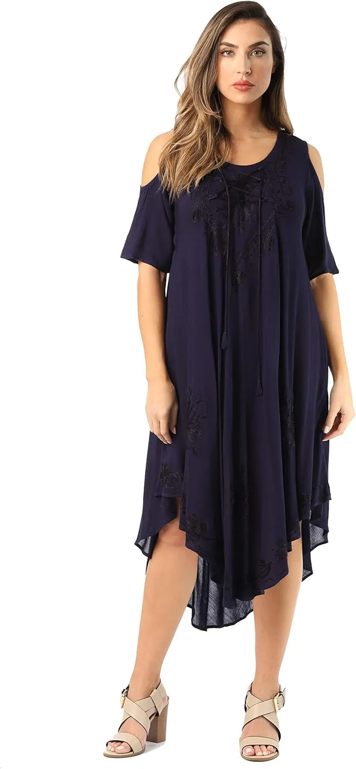 Riviera Sun Lace-Up Cold Shoulder Casual Dress with Tonal Embroidery