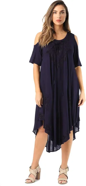Riviera Sun Lace-Up Cold Shoulder Casual Dress with Tonal Embroidery