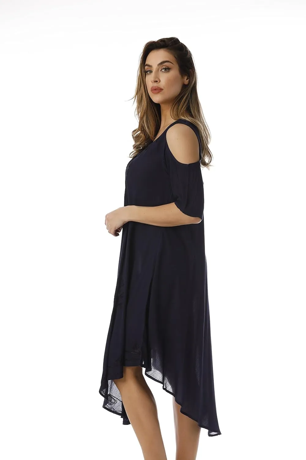 Riviera Sun Lace-Up Cold Shoulder Casual Dress with Tonal Embroidery