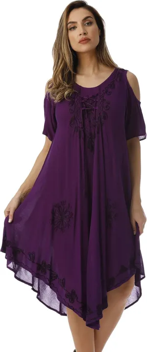 Riviera Sun Lace-Up Cold Shoulder Casual Dress with Tonal Embroidery