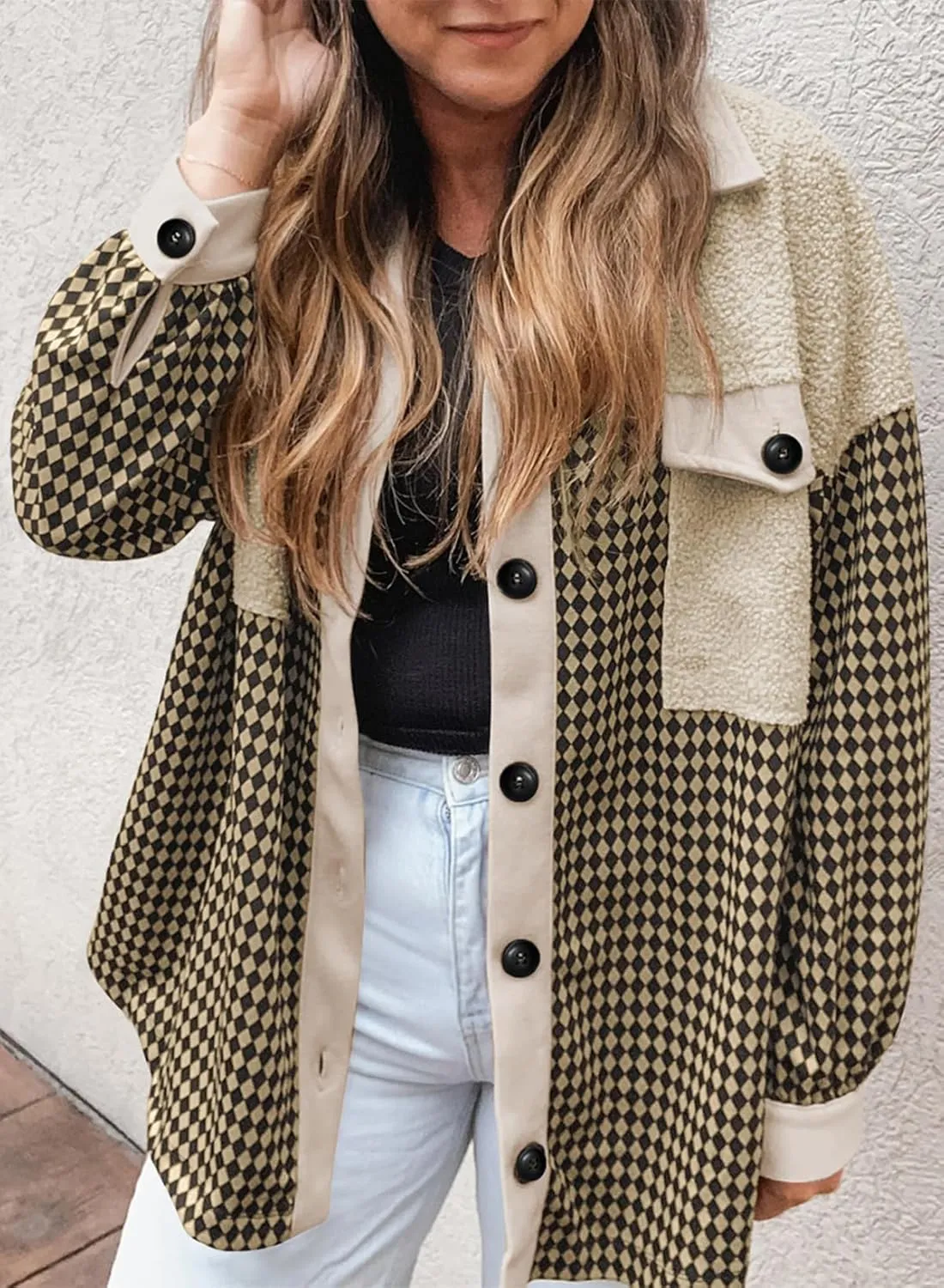 SHEWIN Shackets for Women 2024 Casual Long Sleeve Tops Button Down Plaid Fall Jackets